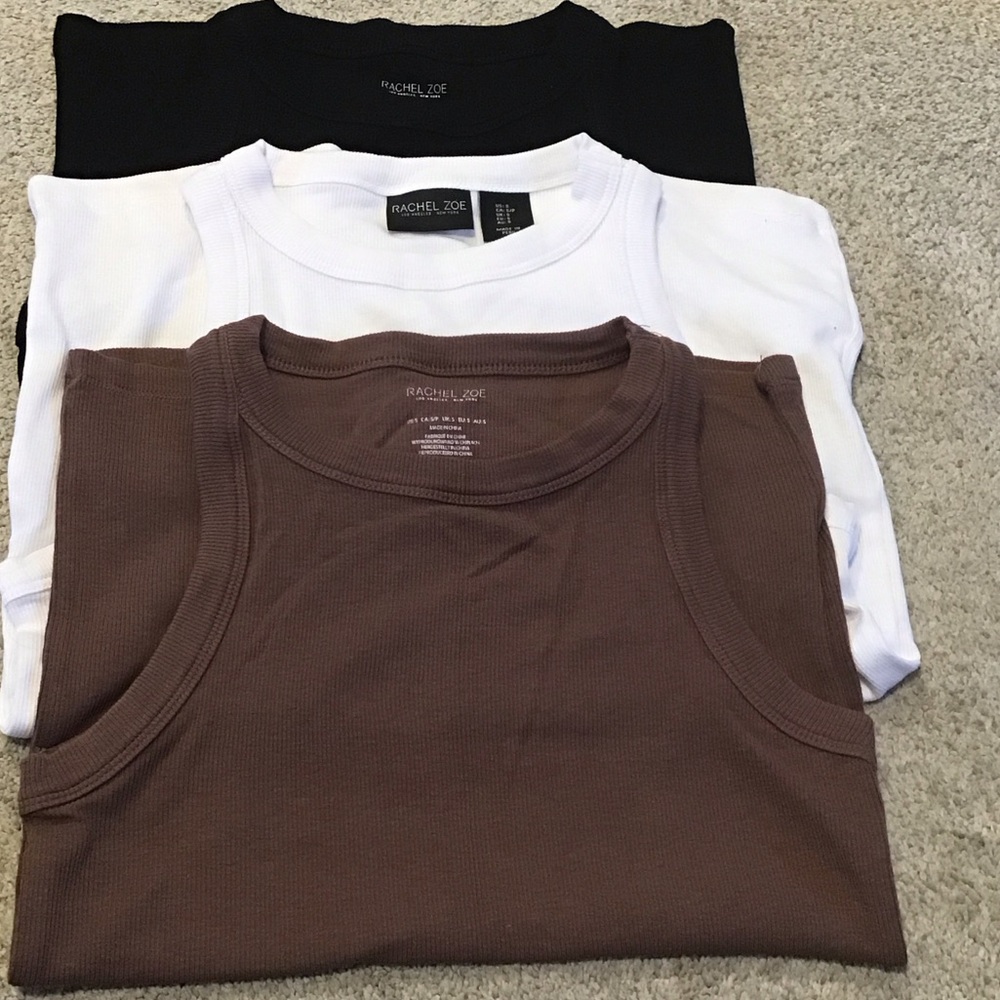 Rachel Zoe Trio of Black, White, and Dusty Rose/brown tank tops.